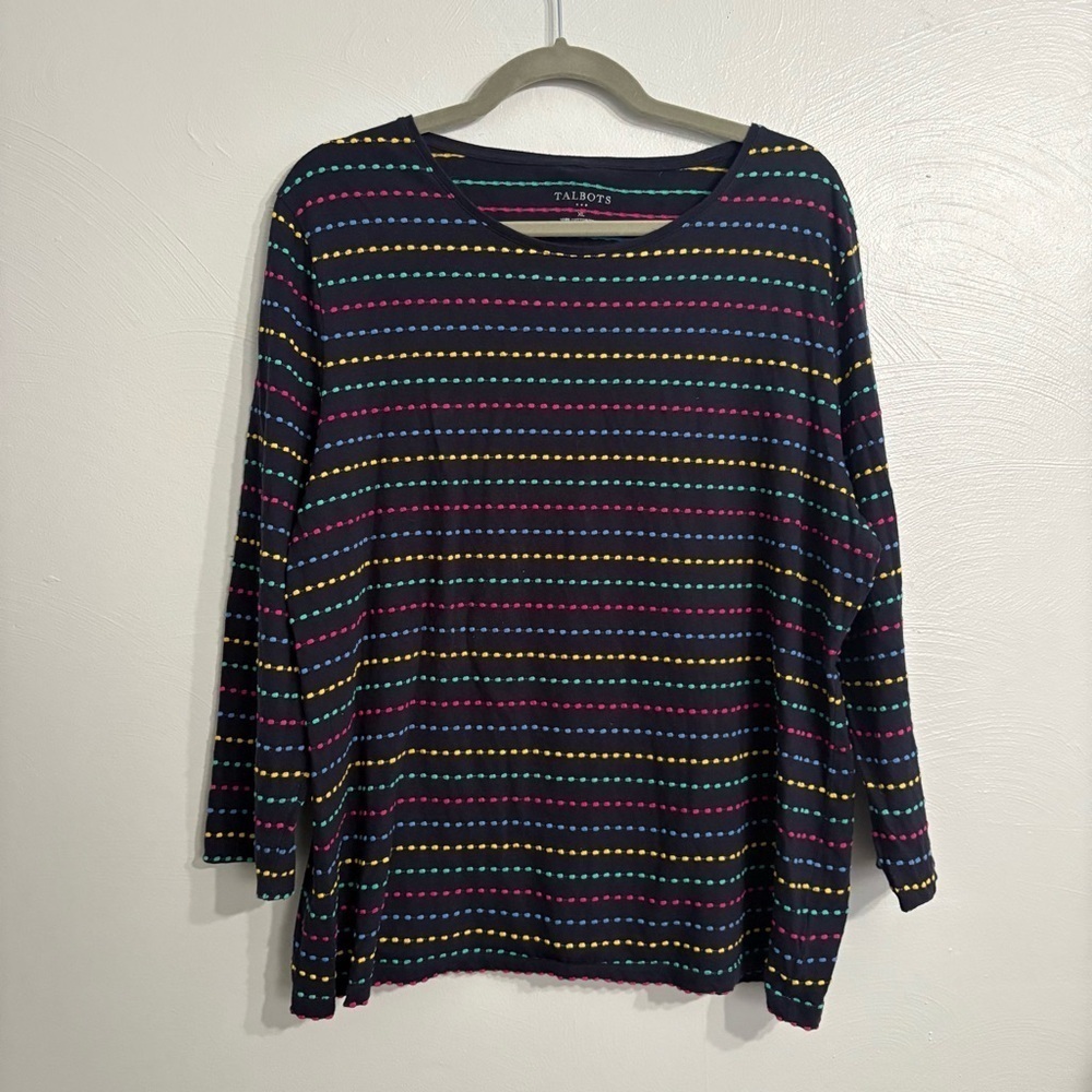 Talbots 100% Cotton Navy Rainbow Embroidered Long Sleep Short | Top | Size XL